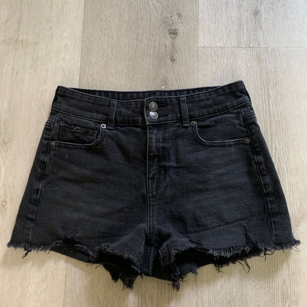 American Eagle Black Denim Shorts Womens‎ 4 Stretch Distressed Raw Hem Cutoff